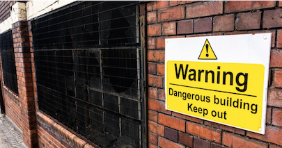 Warning: Dangerous Building, Keep Out sign